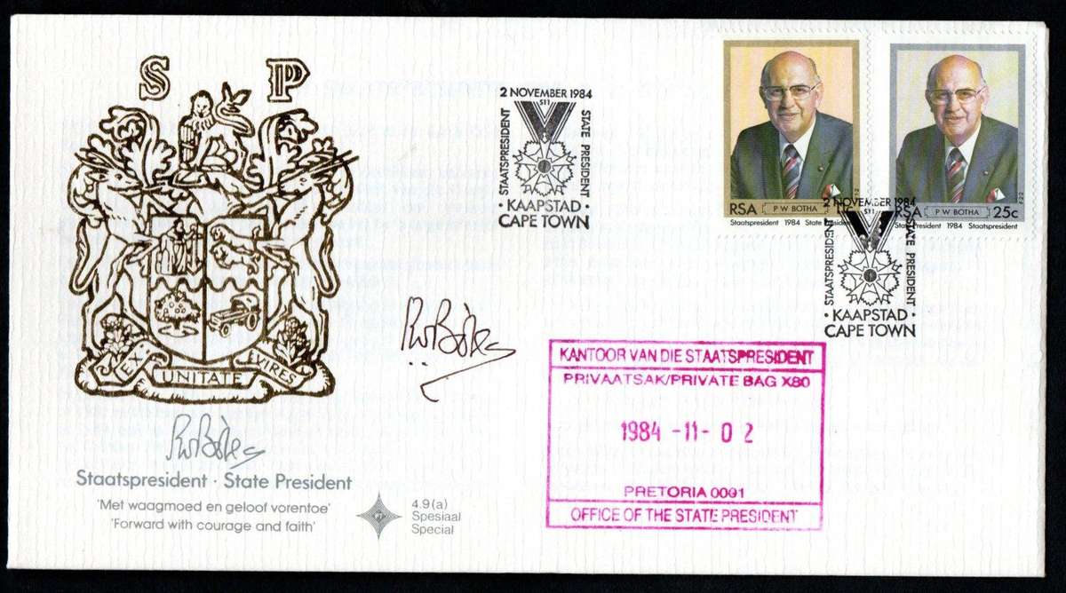 RSA 1984 INAUGURATION OF STATE PRESIDENT PW BOTHA FDC NO 4.9a SIGNED 'BOTHA'. AS PER SCANS.
