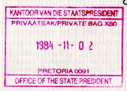RSA 1984 INAUGURATION OF STATE PRESIDENT PW BOTHA FDC NO 4.9a SIGNED 'BOTHA'. AS PER SCANS.