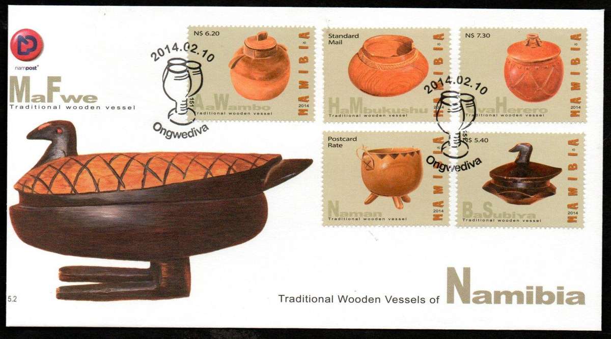 NAMIBIA 2014 TRADITIONAL WOODEN VESSELS UMM SET OF (X5) CONTROLS OF (X4) CC + FDC NO 5.2.
