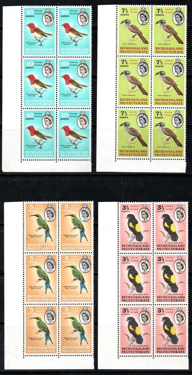 BECHUANALAND 1961 SHORT SET OF UMM CNR BLKS OF (X6) TO 10c (BIRDS). SG168/174. TOTAL CV GBP 93.