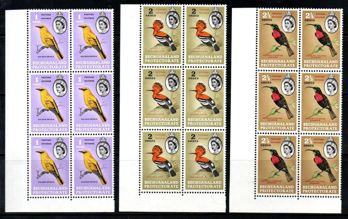 BECHUANALAND 1961 SHORT SET OF UMM CNR BLKS OF (X6) TO 10c (BIRDS). SG168/174. TOTAL CV GBP 93.