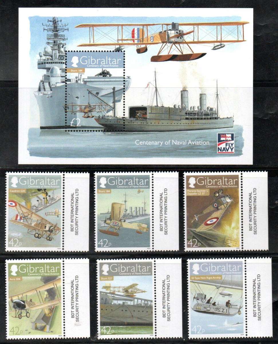 GIBRALTAR 2008 CENTEN OF NAVAL AVIATION UMM SET OF (X6) SINGLES. SG1317/22. CV GBP 17. AS PER SCANS.