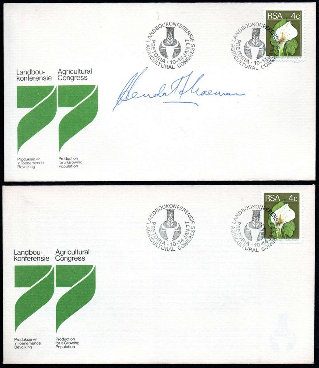 RSA 1977 Agricultural Congress cover signed 'Minister of Agriculture Hendrik Schoeman' + unsigned.