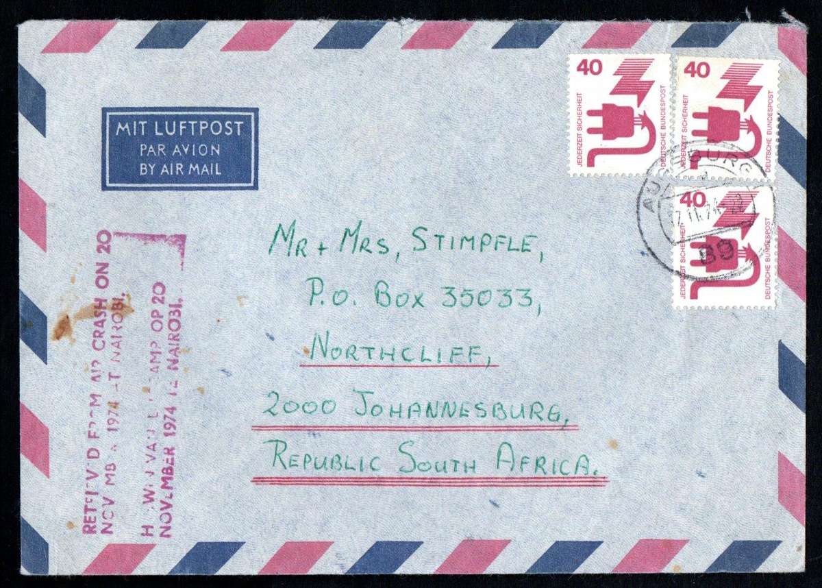 Germany 1974 Nairobi Air crash cover to South Africa with cachet relating to the crash in Kenya.