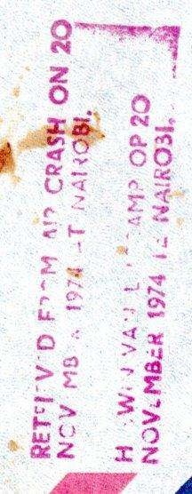 Germany 1974 Nairobi Air crash cover to South Africa with cachet relating to the crash in Kenya.