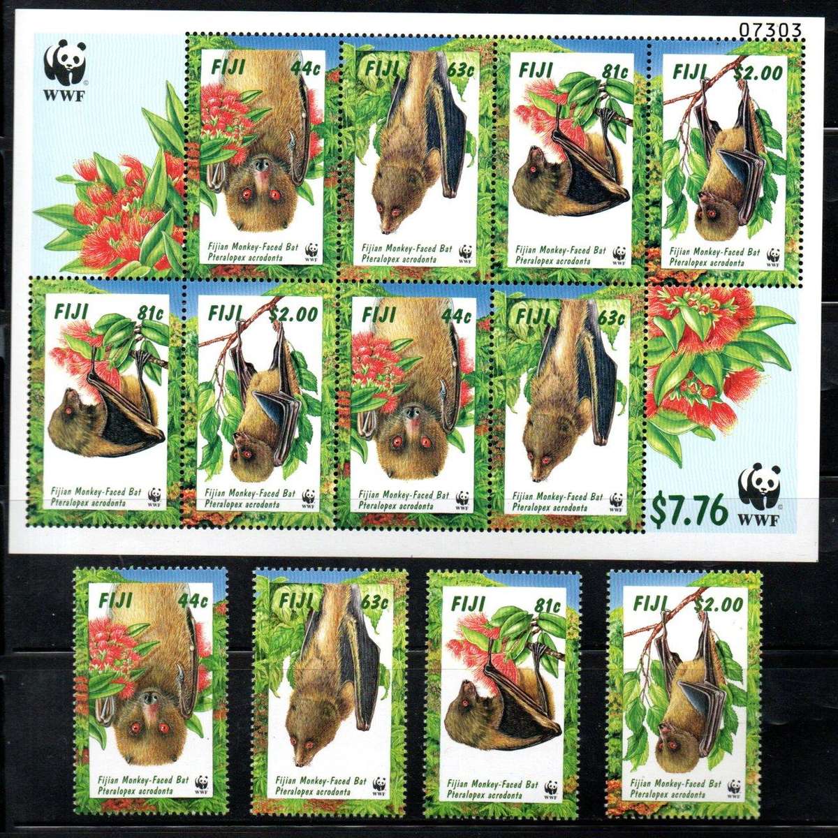 Fiji 1997 Fijian monkey-faced bat (WWF) umm set of (x4) + msheet - SG986-MS990 - CV GBP 13+.