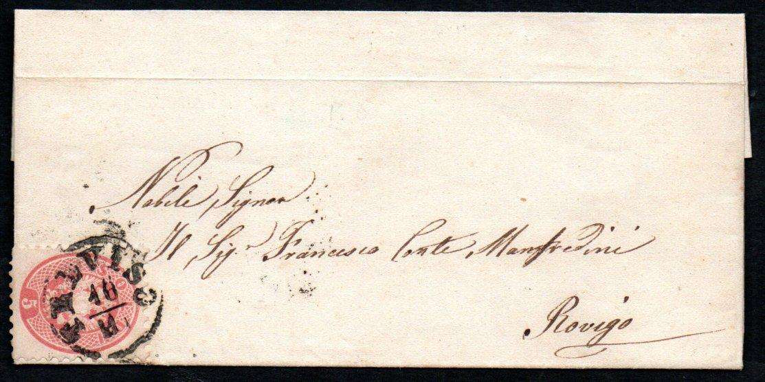 Italy 1866 scarce letter from Treviso to Rovigo - 'Distribuzione 1' cachet + 'Rovigo' arrival cachet