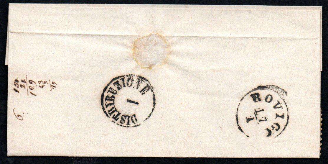 Italy 1866 scarce letter from Treviso to Rovigo - 'Distribuzione 1' cachet + 'Rovigo' arrival cachet