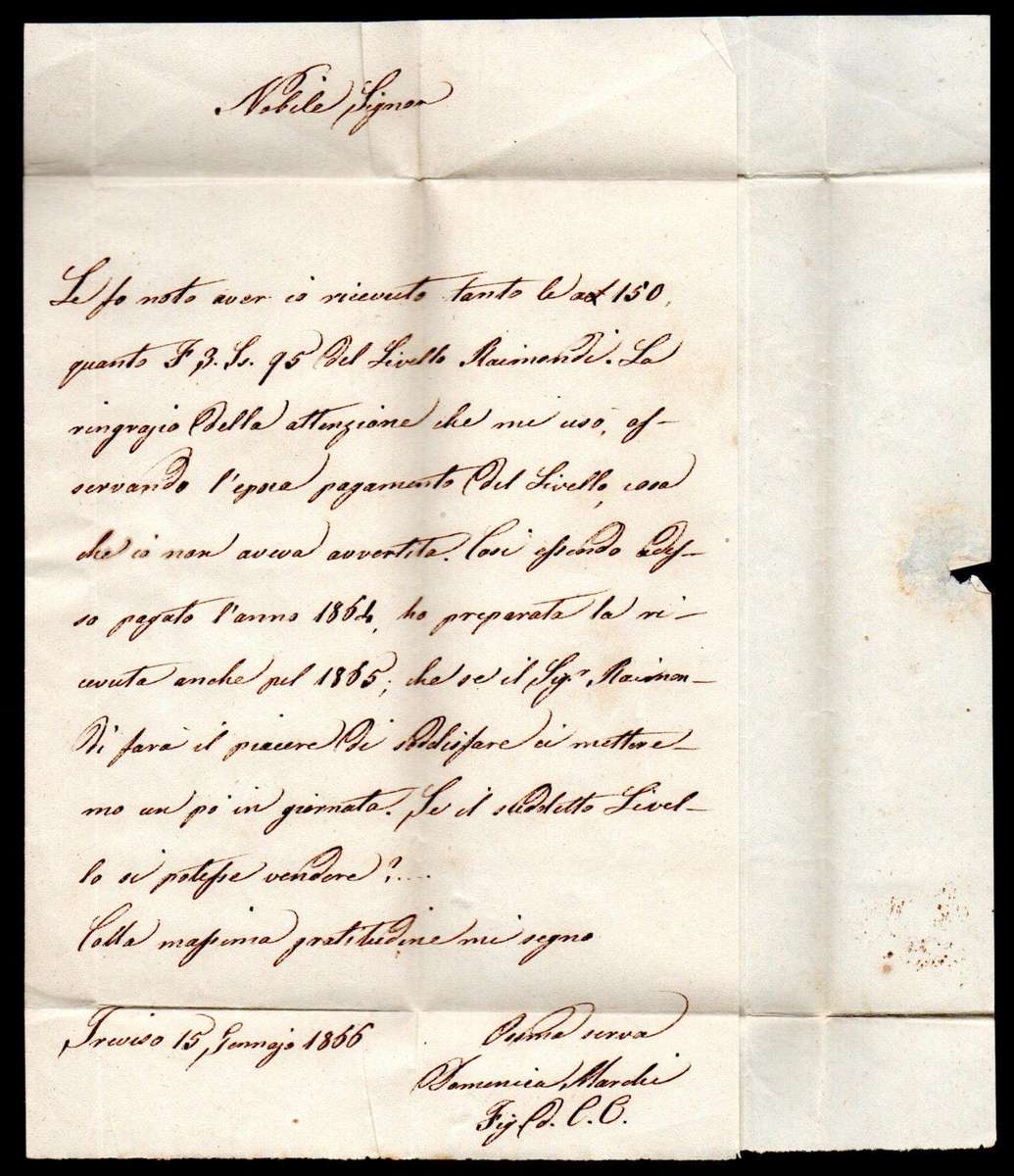 Italy 1866 scarce letter from Treviso to Rovigo - 'Distribuzione 1' cachet + 'Rovigo' arrival cachet