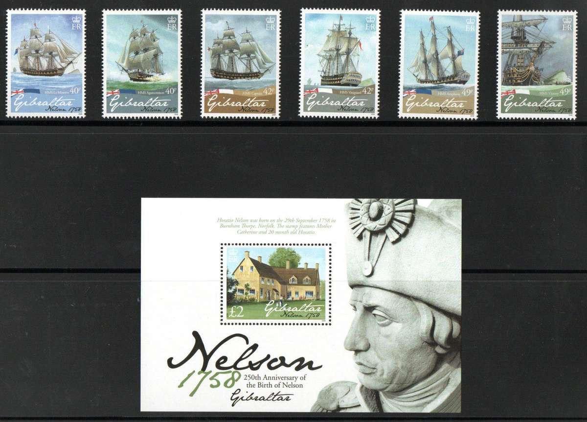 Gibraltar 2008 250th birth ann of Admiral Lord Nelson set of (x6) + msheet  SG1268-1274  CV GBP 20