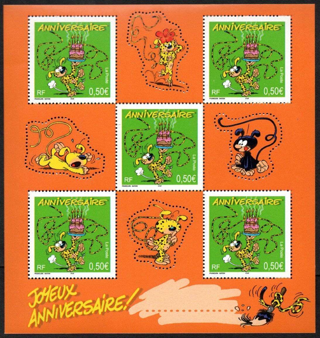France 2003 greetings stamps  birthday (Marsupilami cartoon character) umm sheet of (x5)  SG3902.