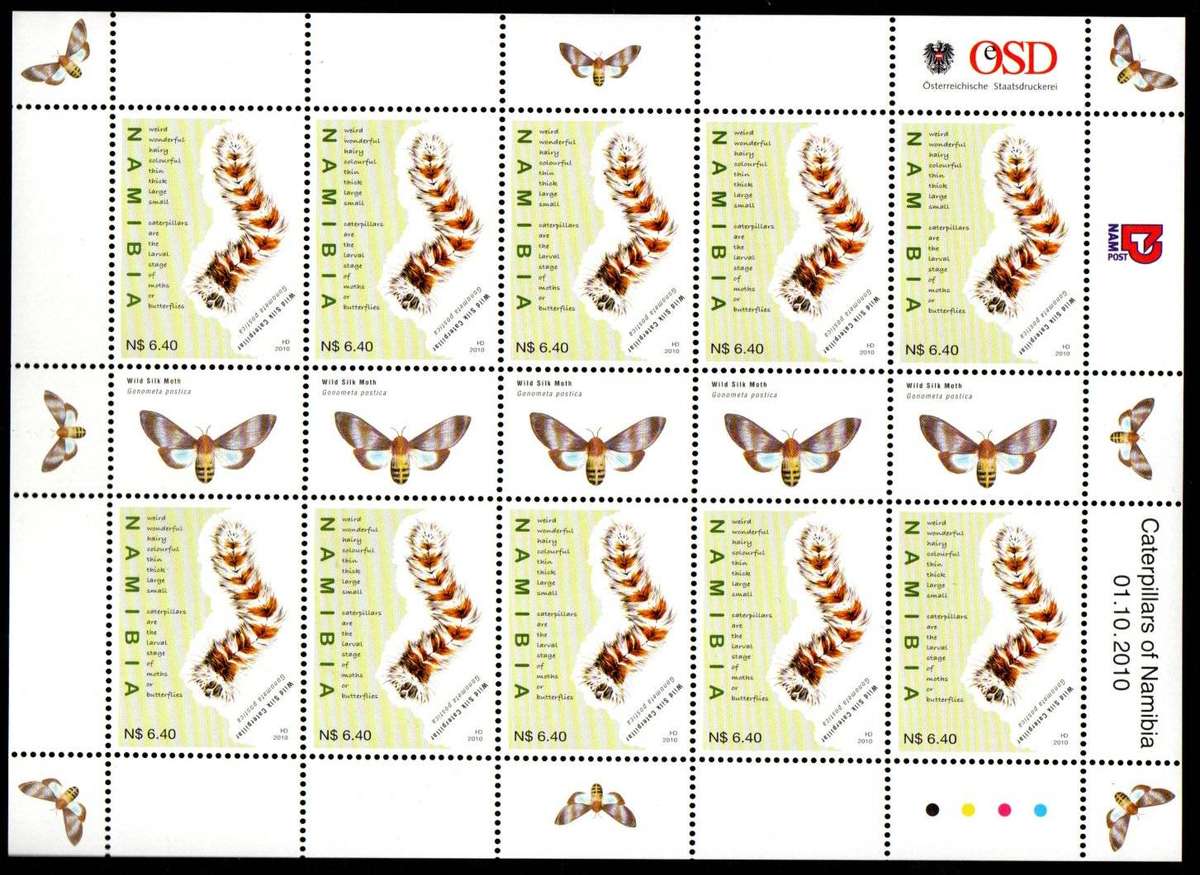 Namibia 2010 Caterpillars umm set of (X4) sheetlets of (x10) - CC707-10 - CV R1450.