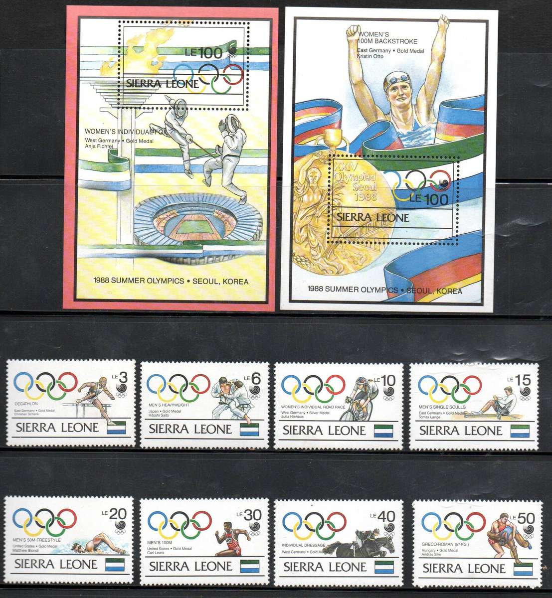 Sierra Leone 1989 Olympic medal winners, Seoul umm set of (x6) + msheets  SG1203-ms1211  CV GBP 21