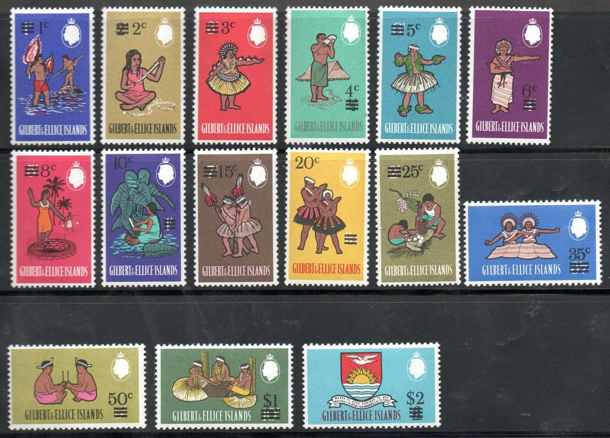 Gilbert and Ellice Islands 1966 decimal currency umm surch set of (x15)  SG110/24  CV GBP 13
