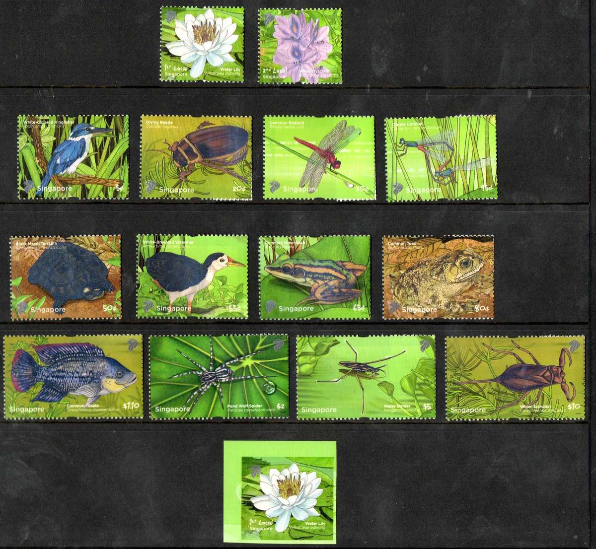 Singapore 2011 pond life (x15) singles to $10 - as per scans - CV GBP 29+.