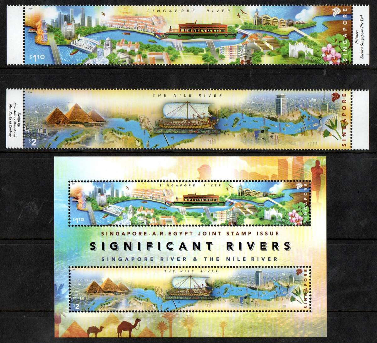 Singapore 2011 Significant rivers umm set of (x2) + msheet  SG2026-MS2028  CV GBP 11.