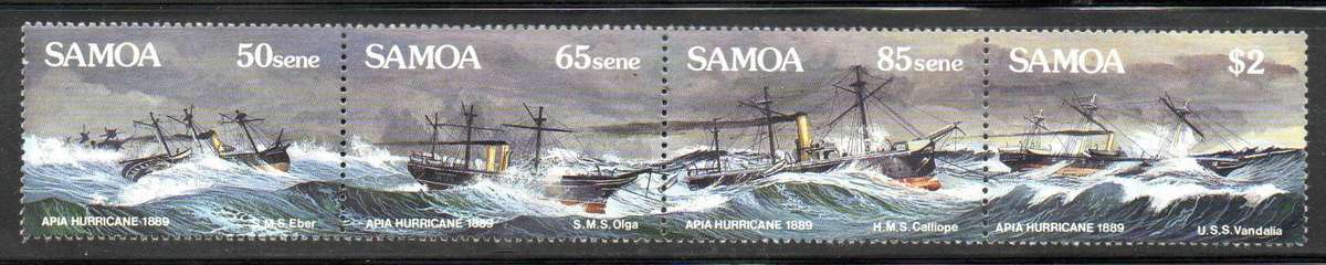 Samoa 1989 Cent of Great Apia Hurricane umm set of (x4) in strip  CV GBP 7+.