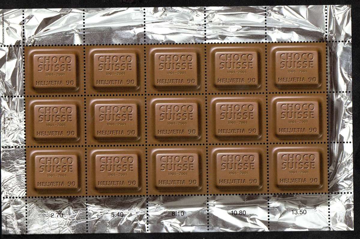 Switzerland 2001 Chocsuisse umm sheet of (x15) impregnated with chocolate scent  SG1478  CV GBP 36