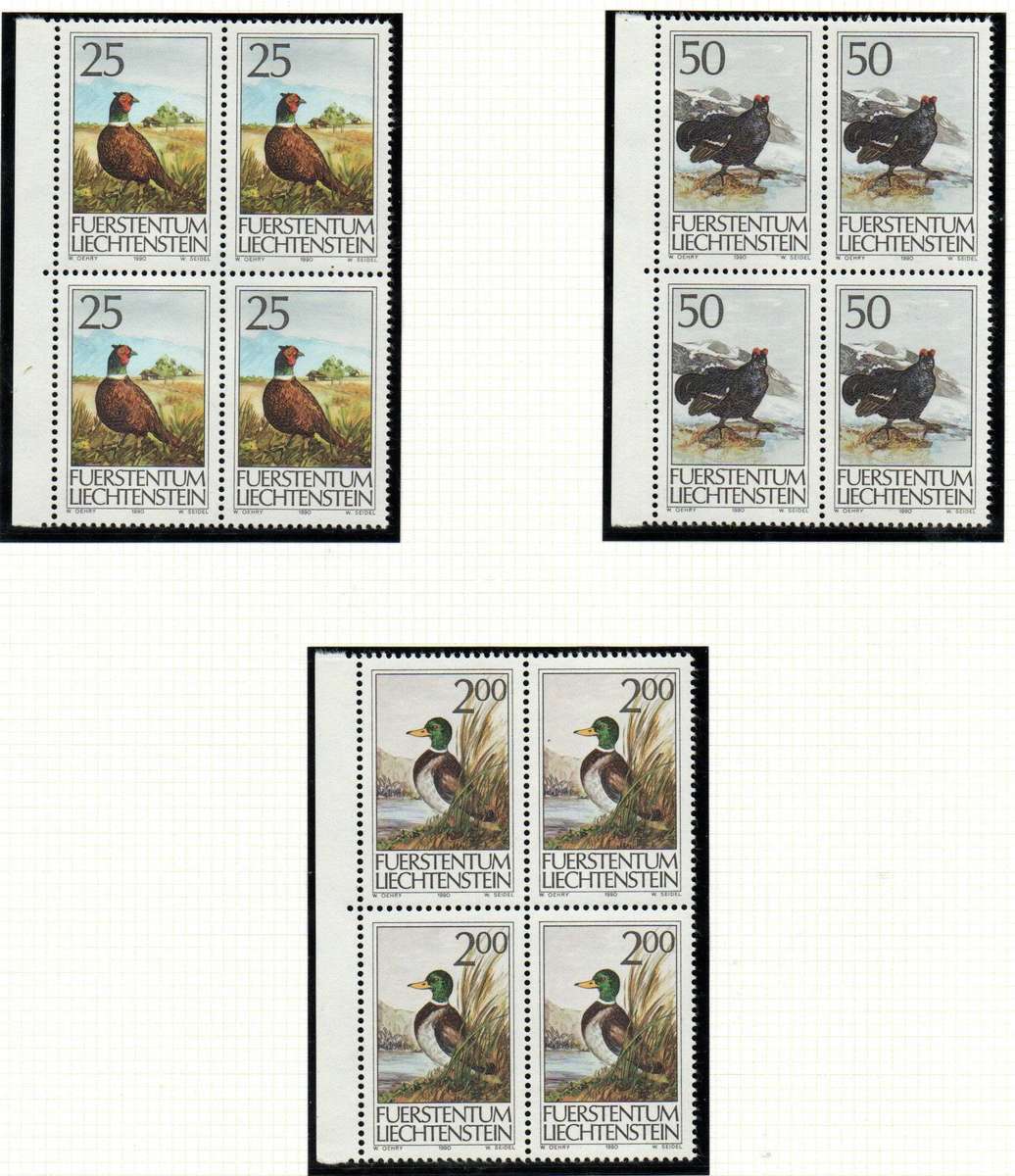 Lichtenstein 1990 game birds umm set of (x3) blks of (x4) SG996-8  CV GBP 20+ - great thematic set.