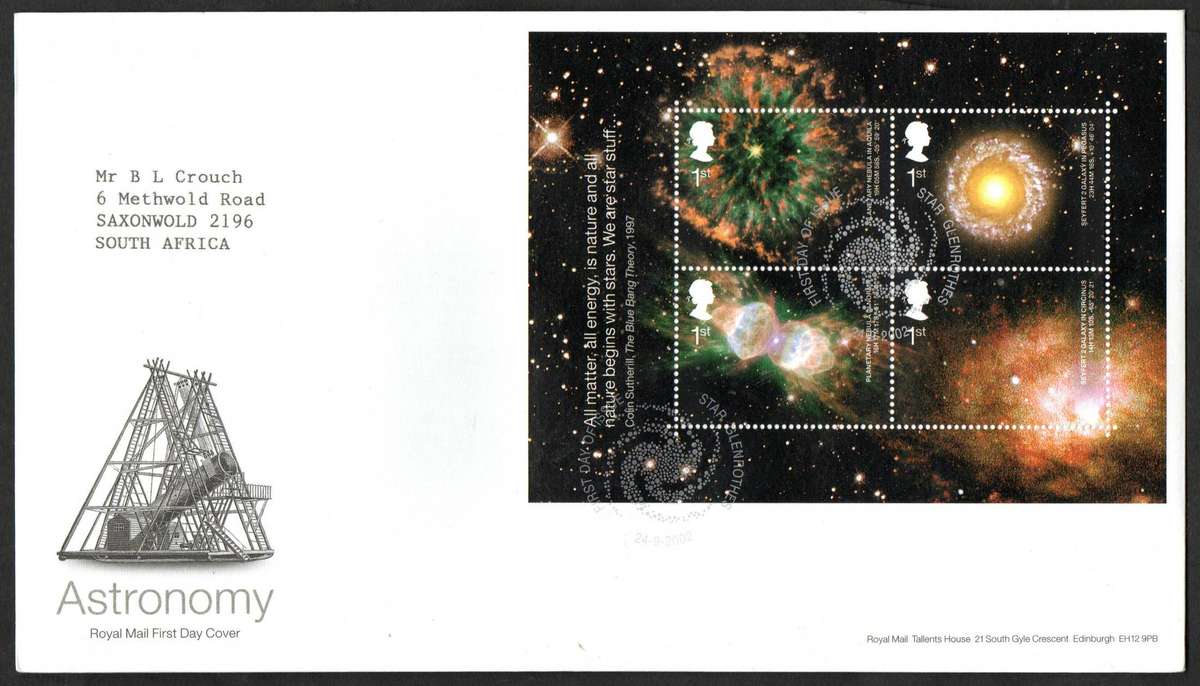 GB 2002 astronomy first day covers (x2) (both postmarks) + Machin boooklet pane FDC  good value.