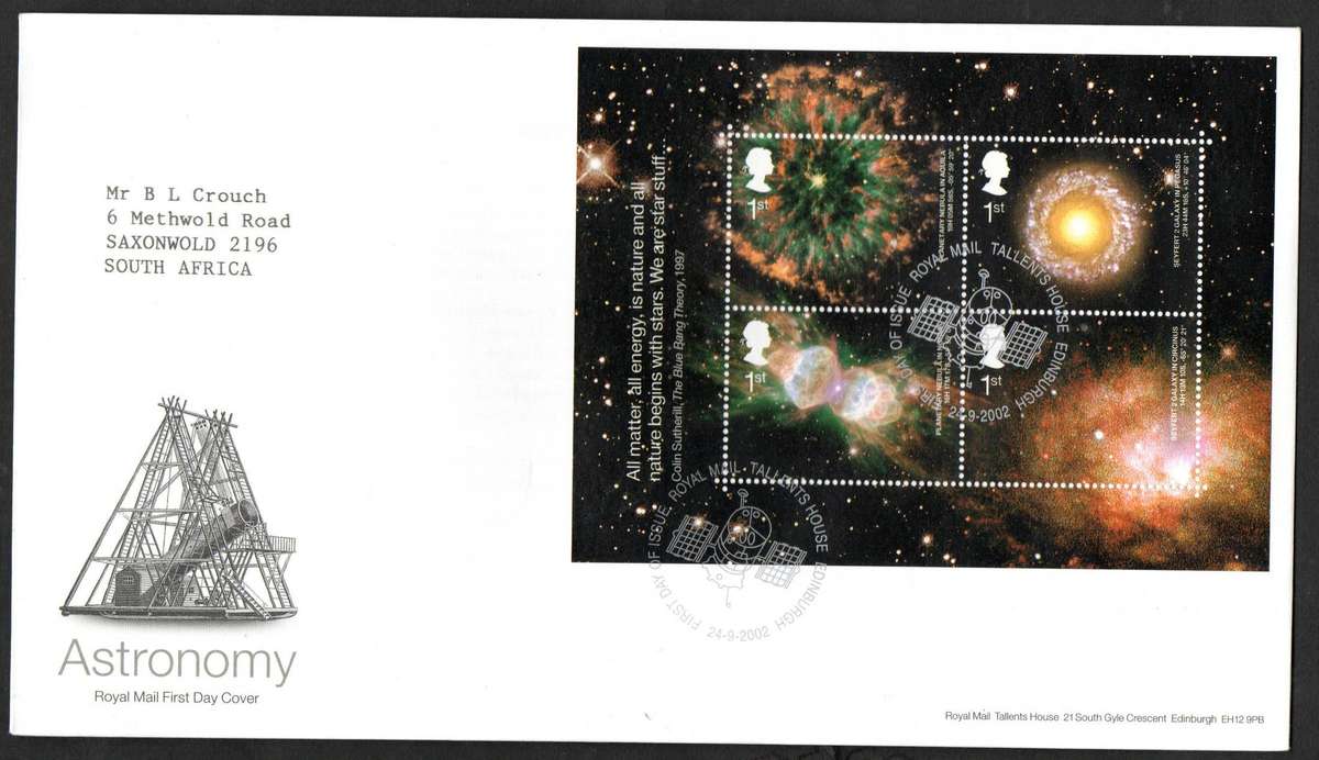 GB 2002 astronomy first day covers (x2) (both postmarks) + Machin boooklet pane FDC  good value.