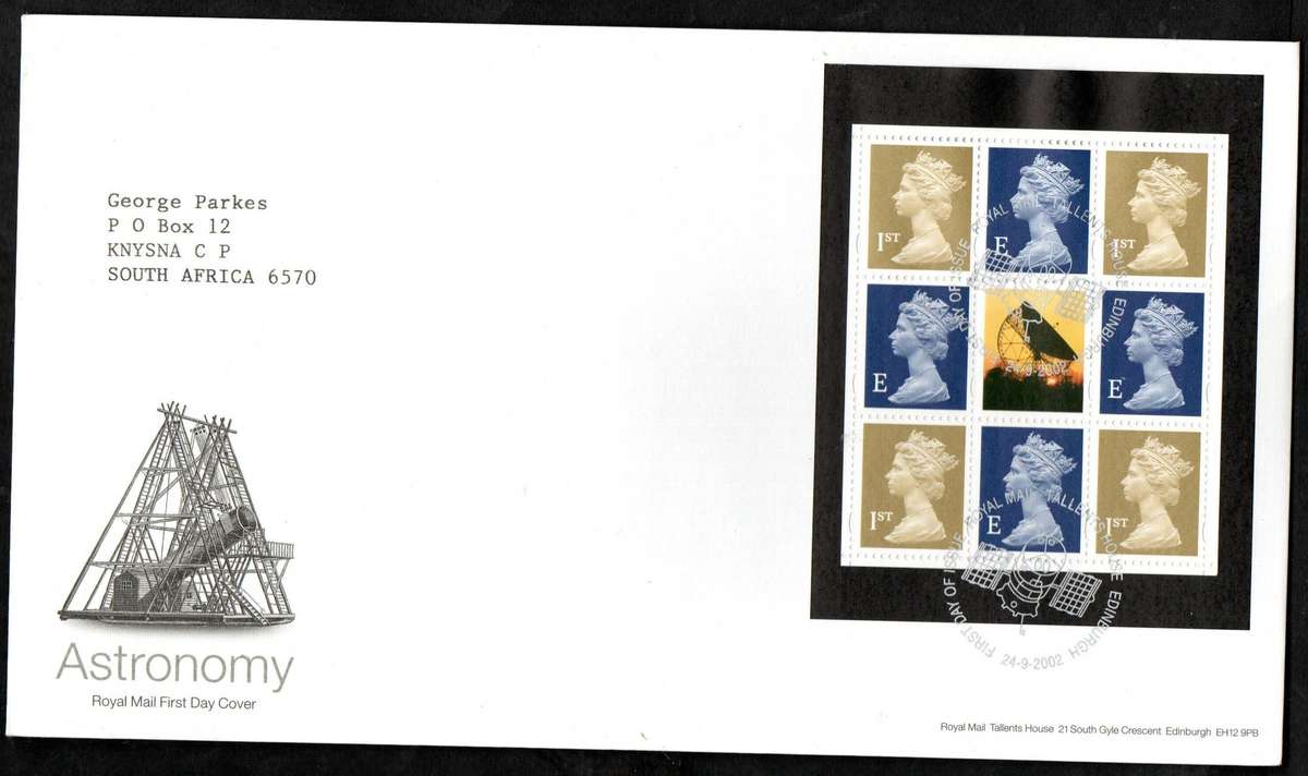 GB 2002 astronomy first day covers (x2) (both postmarks) + Machin boooklet pane FDC  good value.