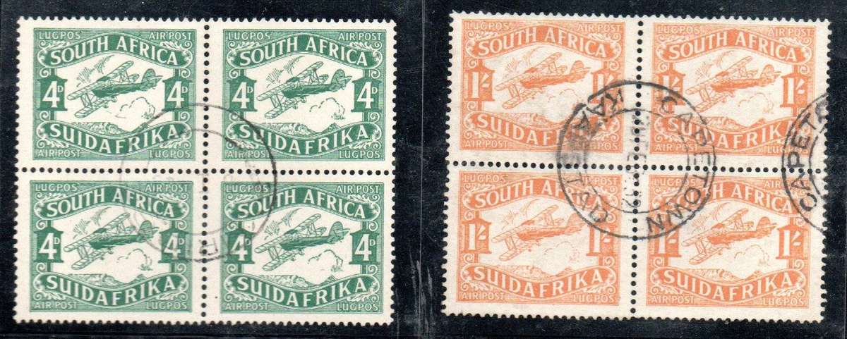Union 1929 2nd airmail issue set of (x2) blocks of (x4) used - SACC40-41  CV R880.