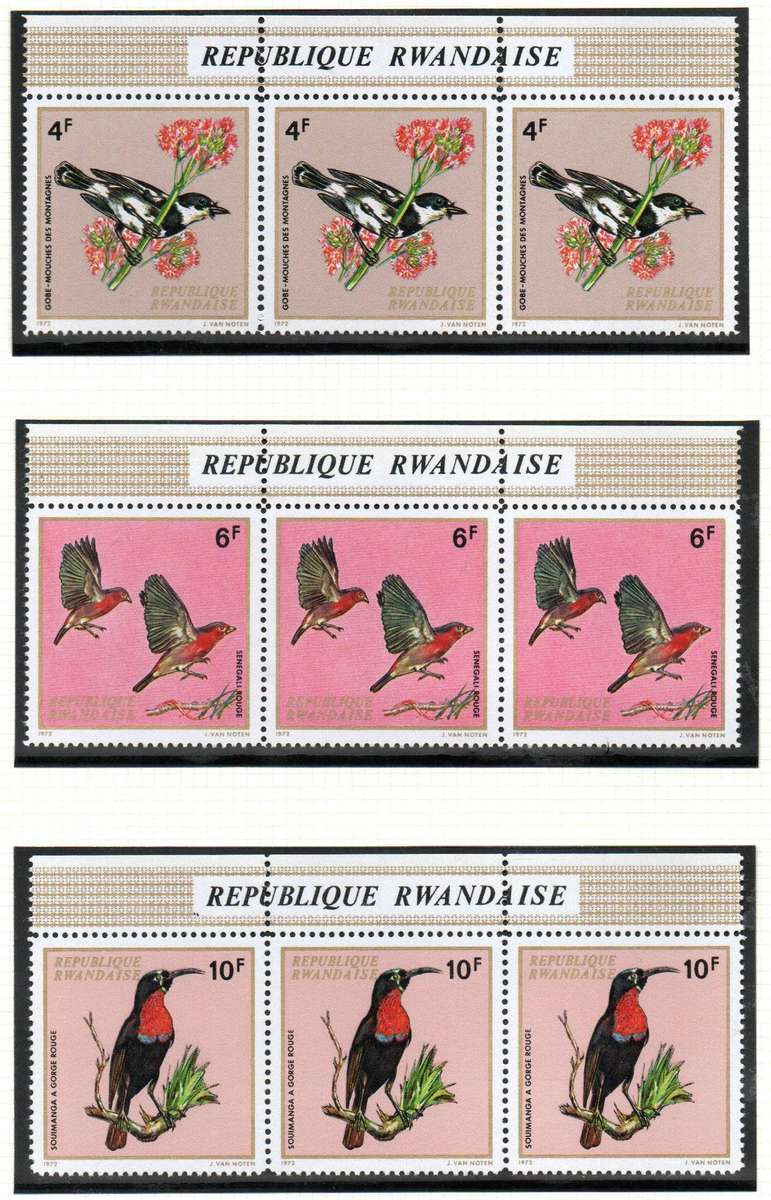 Rwanda 1972 birds umm set of (x10) strips of (x3)  SG469/78  CV GBP 36+.