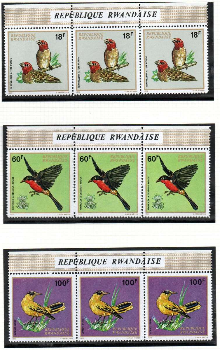 Rwanda 1972 birds umm set of (x10) strips of (x3)  SG469/78  CV GBP 36+.