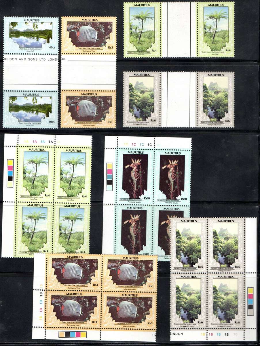 Mauritius 1989 Protection of the environment lot of umm singles, gutter/control blks etc  good cv