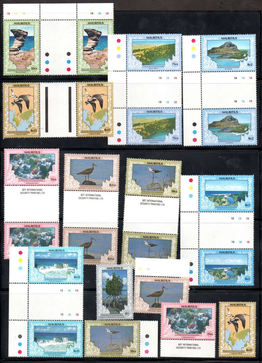Mauritius 1989 Protection of the environment lot of umm singles, gutter/control blks etc  good cv