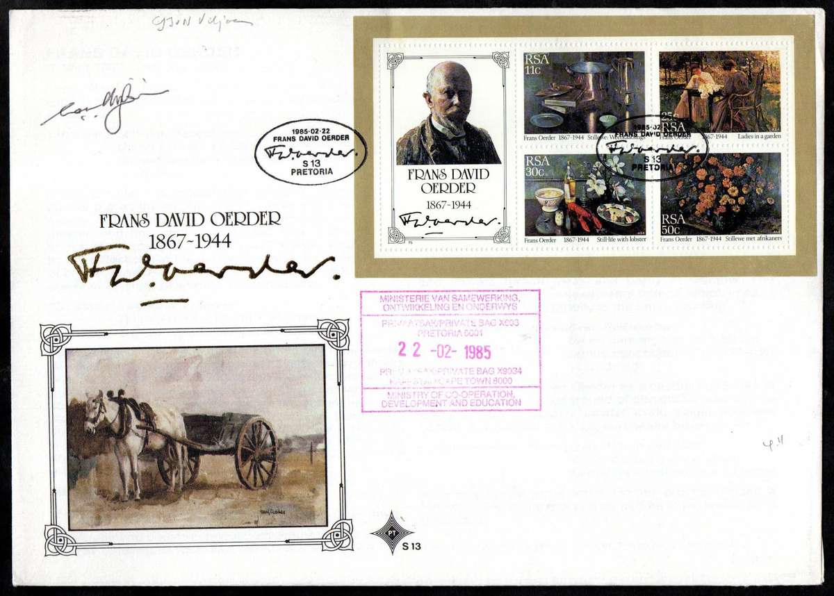 RSA 1985 paintings by Oerder FDC S13 signed/rubber stamped Gerrit Viljoen  Minister of Education'.