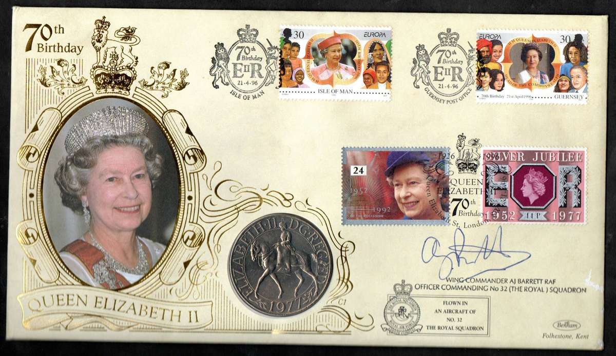 GB, Isle of Man, Guernsey 1993 QEII 70th Benham signed 'wing commander AJ Barrett' coin cover.