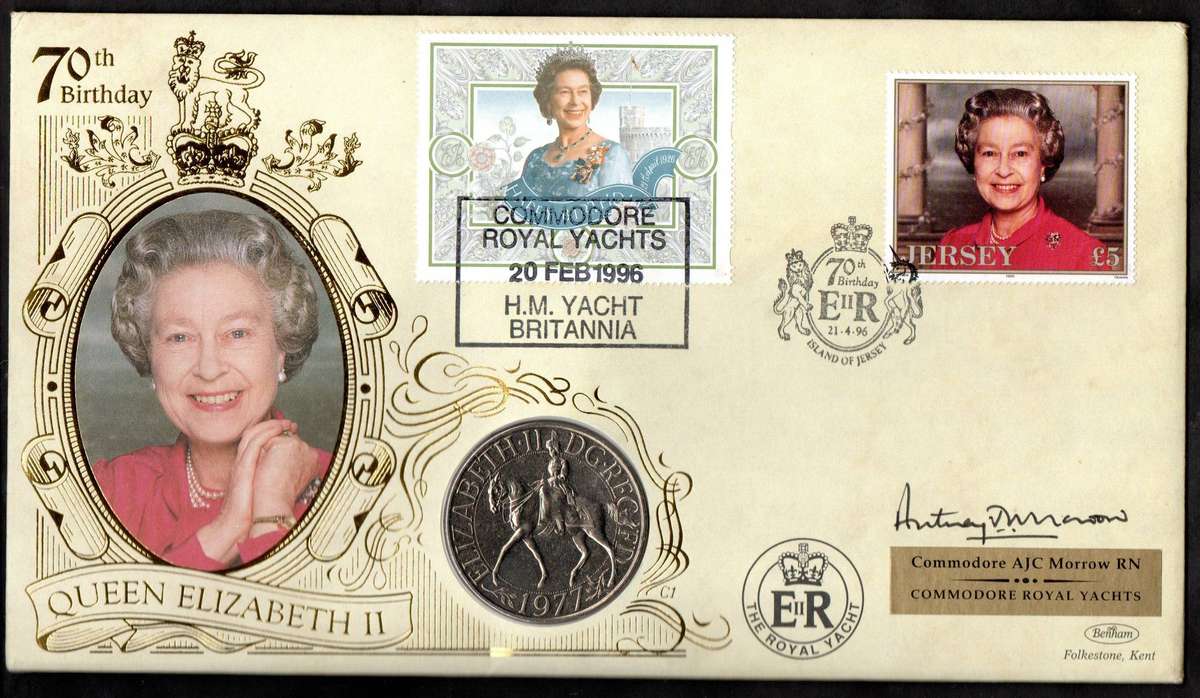 Jersey 1996 HM Queen's 70th Coin Cover - signed Commodore AJC Morrow RN  Commodore Royal Yachts.