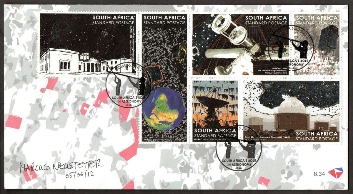 RSA 2012 Astronomy in SA FDC no 8.34 signed by 'Marcus Neustetter - Designer' - as per scans.