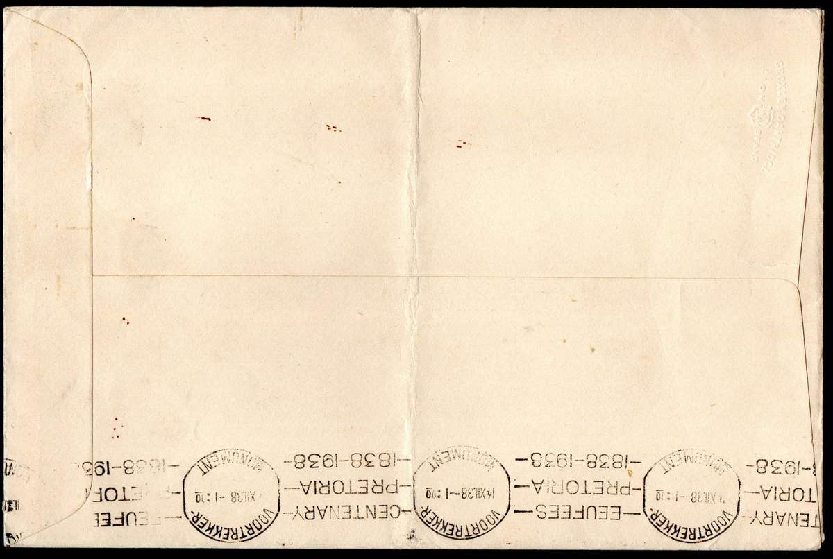 Union 1938 Voortrekker cover - as per scans. Potchefstroom cancels with odd varieties - as described