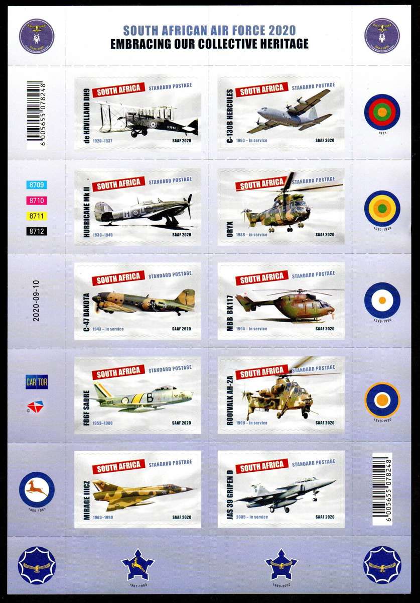 RSA 2020 SA Air Force self-adhesive mint sheetlet of (x10) + FDCS 8.134 and 8.135  CV R700.