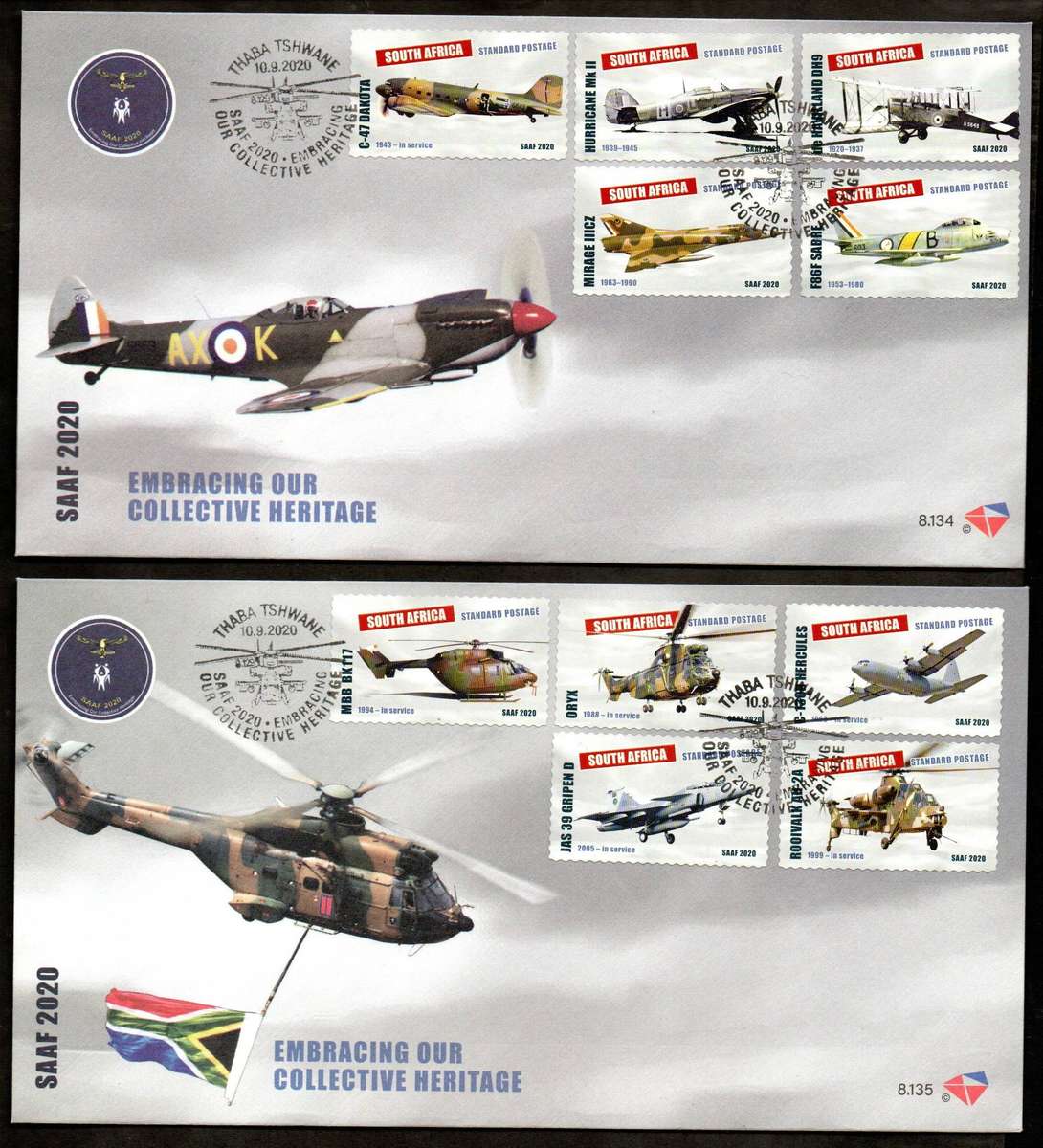 RSA 2020 SA Air Force self-adhesive mint sheetlet of (x10) + FDCS 8.134 and 8.135  CV R700.