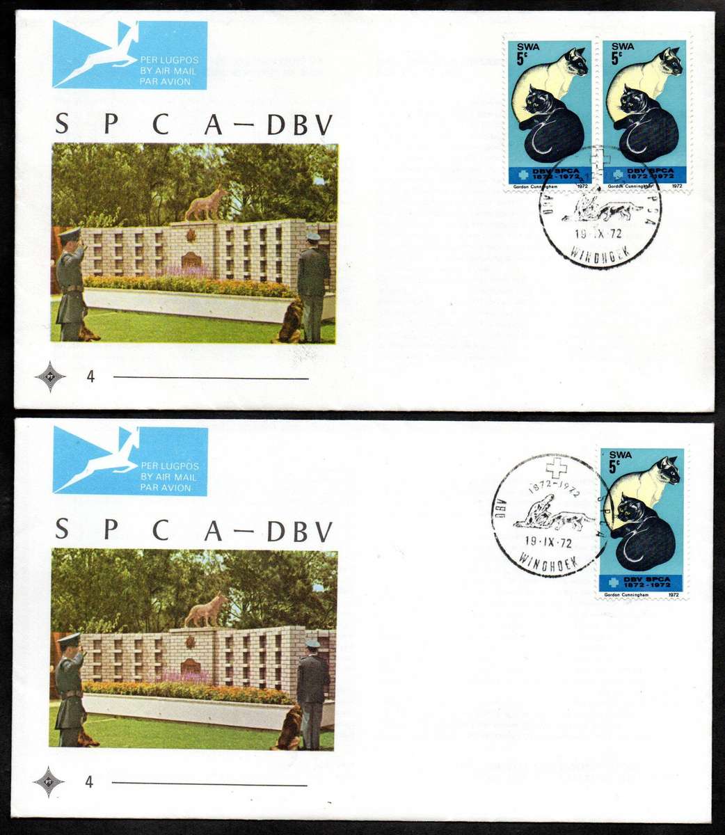 SWA 1972 centenary of SPCA FDC unaddressed with 'two cats' + normal FDC - CV R1400 - as per scans.