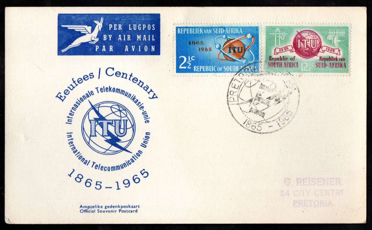 RSA 1965 ITU centenary official 1st day card addressed no 1 `2 diamonds` - CV R1500.