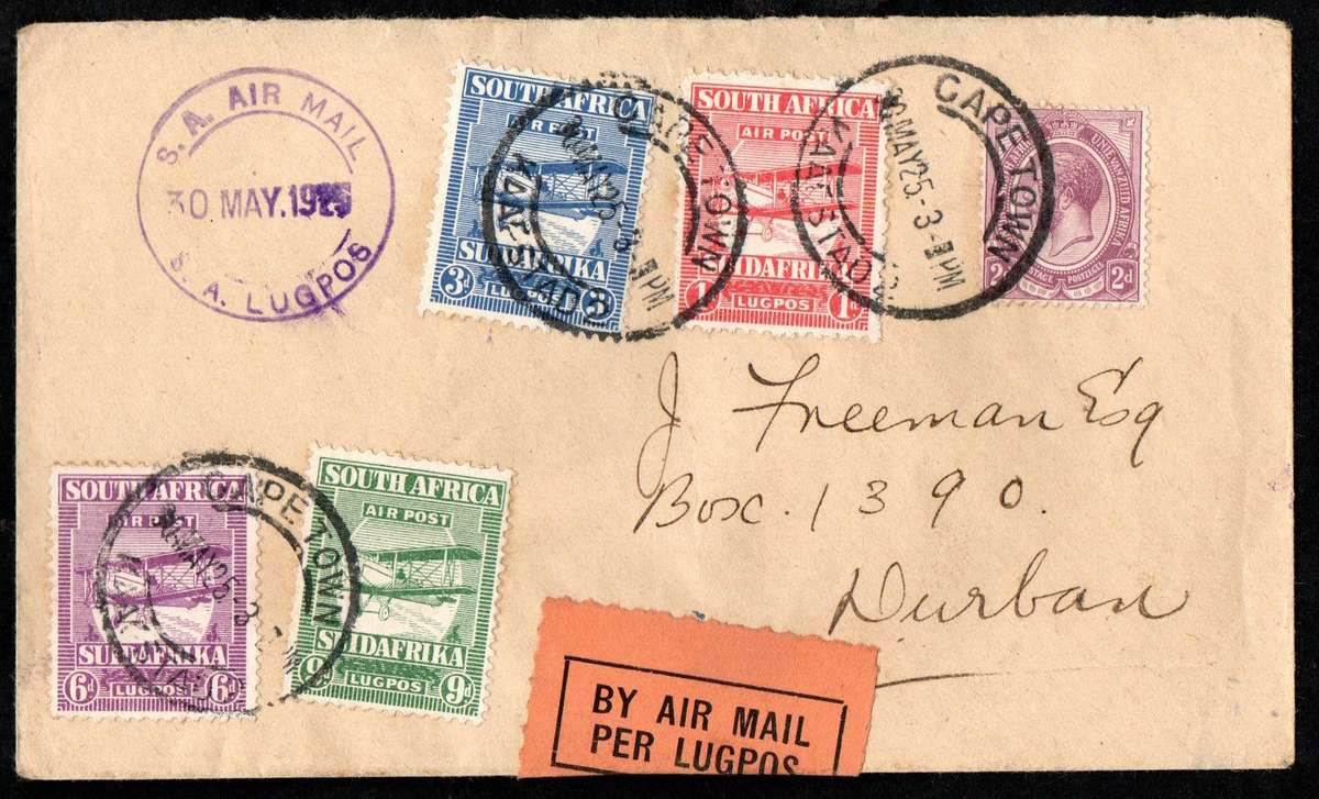 Union 1925 airmail cover dd 30 May 1925 with 1st airmail issue set of (x4) CC25-8 used  CV R1300.