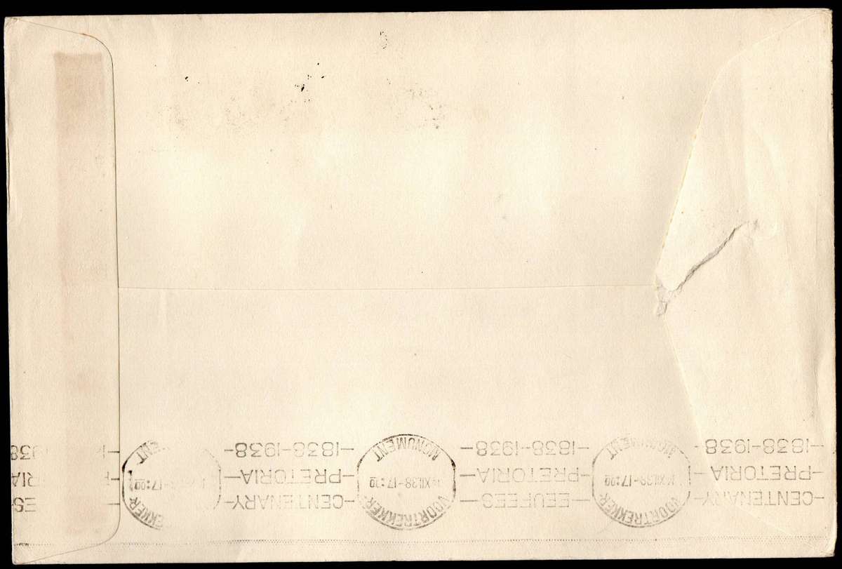 Union 1938 Voortrekker Trek cover - as per scans - Zwartruggens cancels - 1 of 139  DD 25 Nov A38.