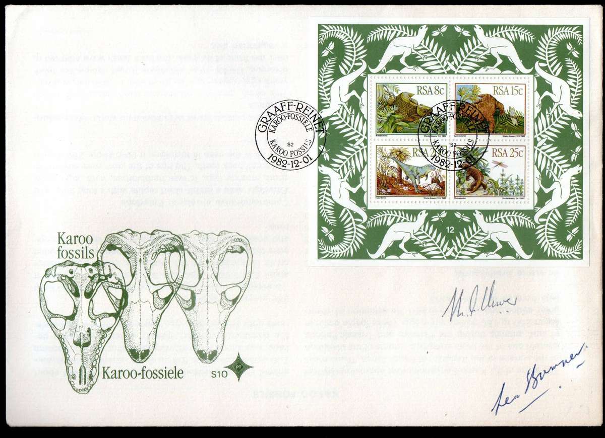 RSA 1982 prehistoric animals S10 signed `Dr M Cliver (SA Museum) + Lex Bremner (fossil collector)`.