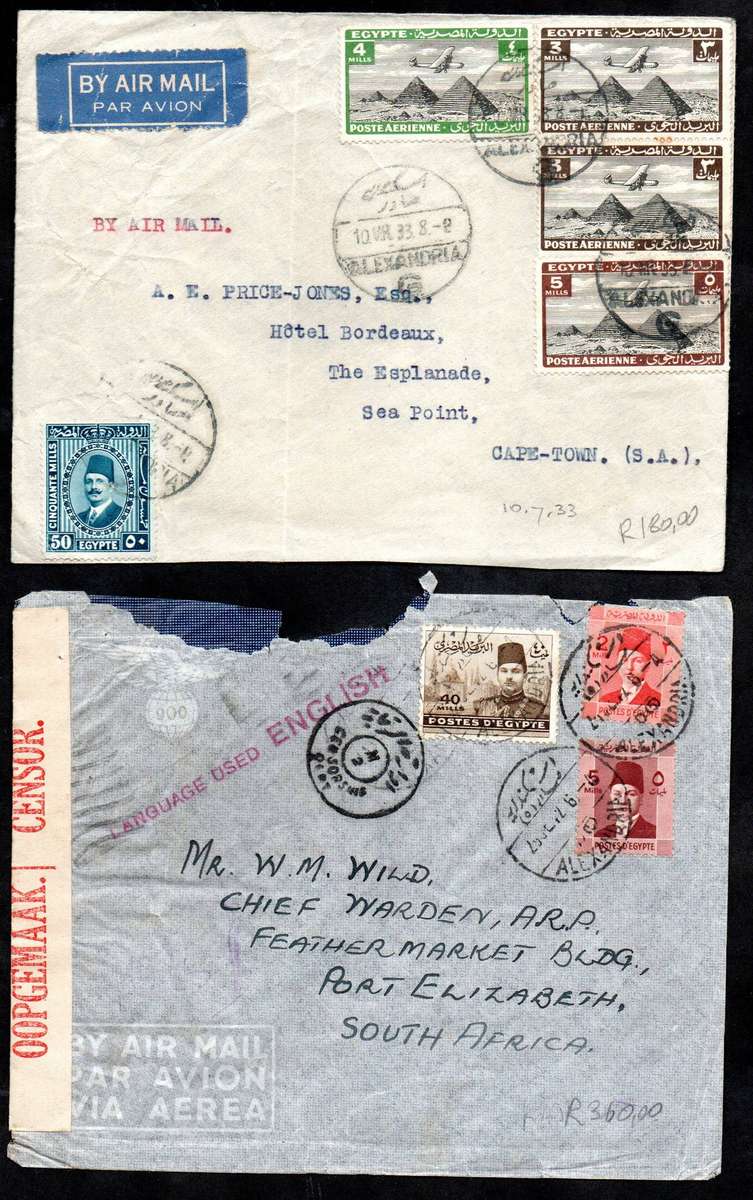Egypt 1920s-40s (x5) covers to South Africa  odd World War II passed by censor + taxed.