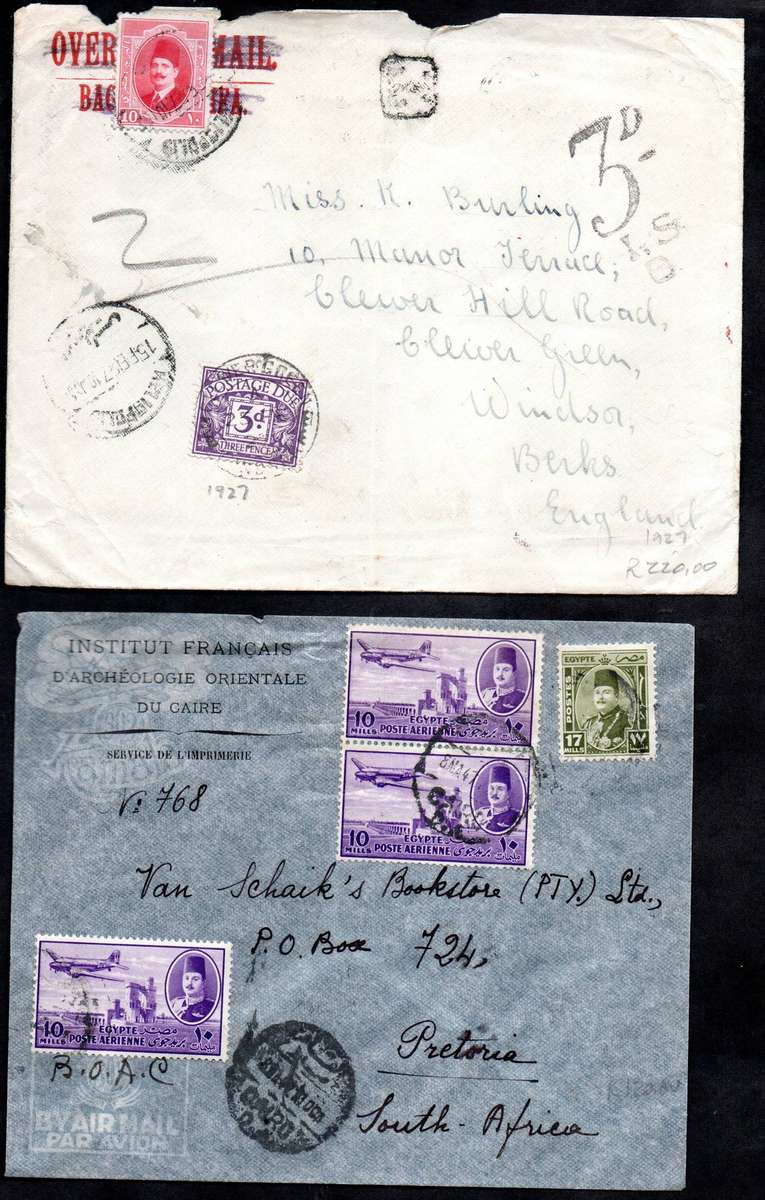 Egypt 1920s-40s (x5) covers to South Africa  odd World War II passed by censor + taxed.