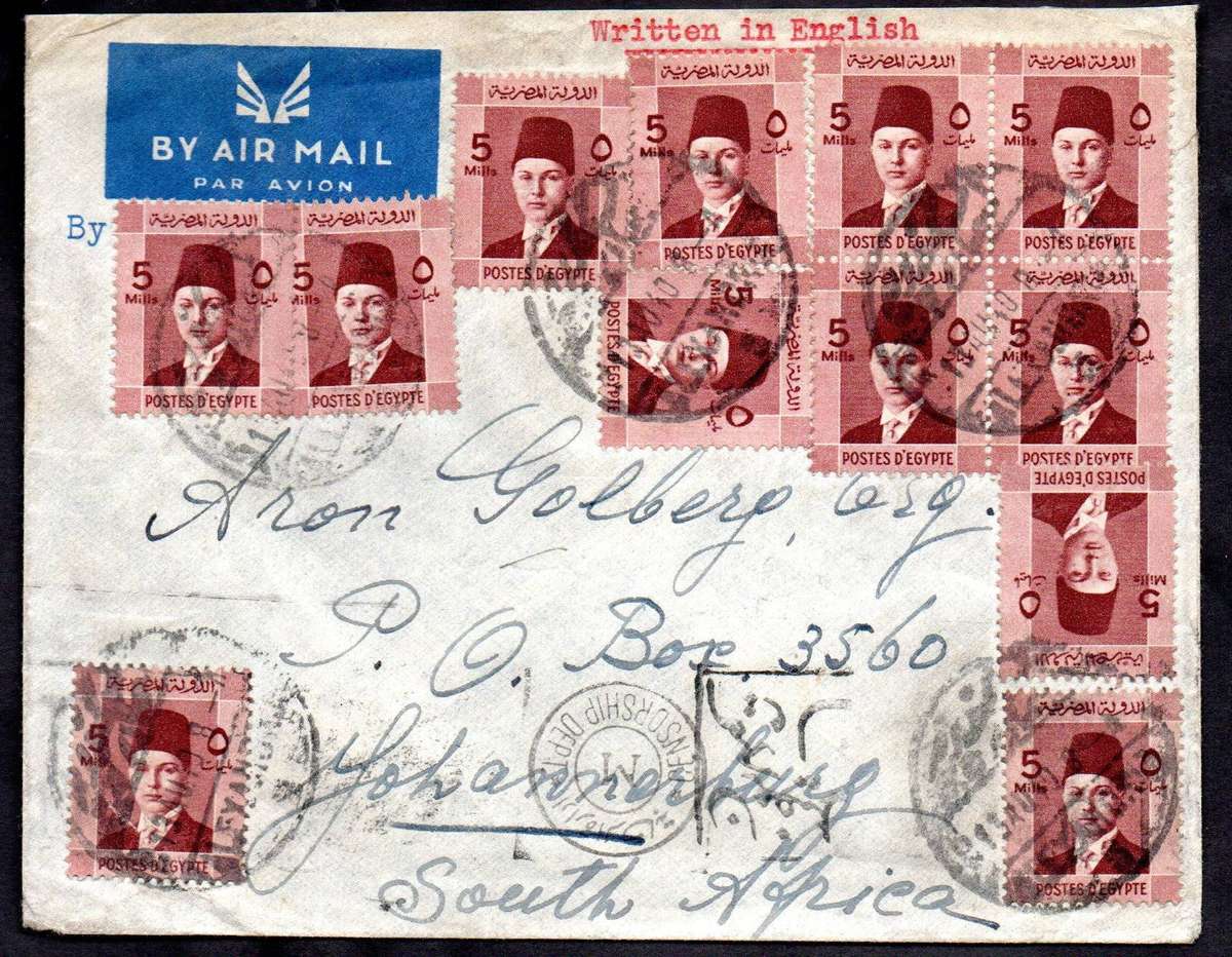 Egypt 1920s-40s (x5) covers to South Africa  odd World War II passed by censor + taxed.