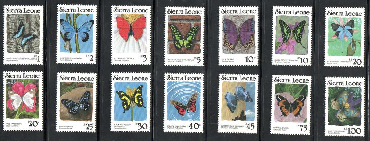 Sierra Leone 1987-9 butterflies singles to 100Le (perf 14 + perf 12.5) umm  as per scans.