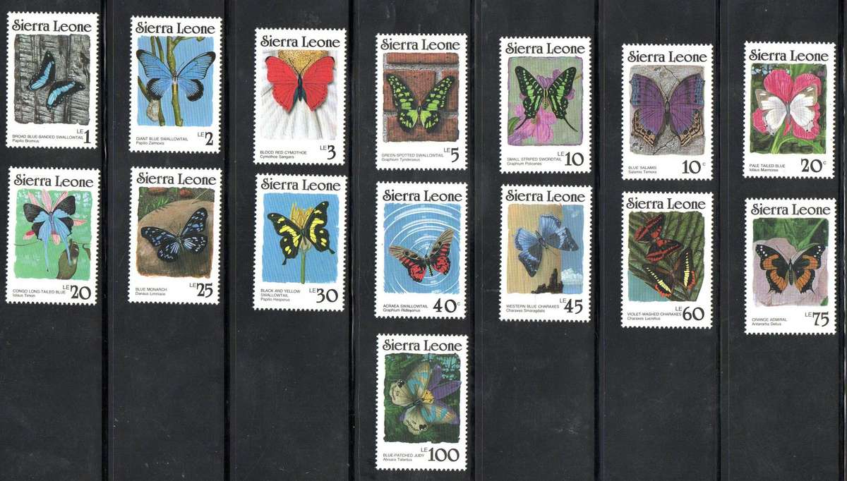 Sierra Leone 1987-9 butterflies singles to 100Le (perf 14 + perf 12.5) umm  as per scans.