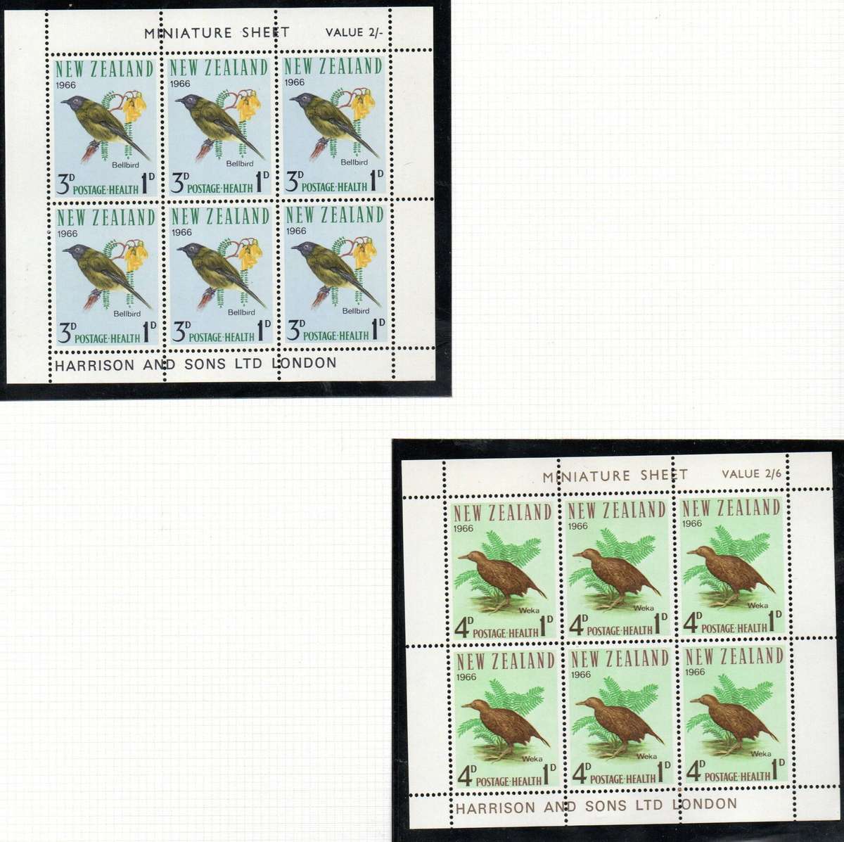 New Zealand 1966 health stamps - birds (x2) umm mini sheets  SGMS841 - CV GBP 22.