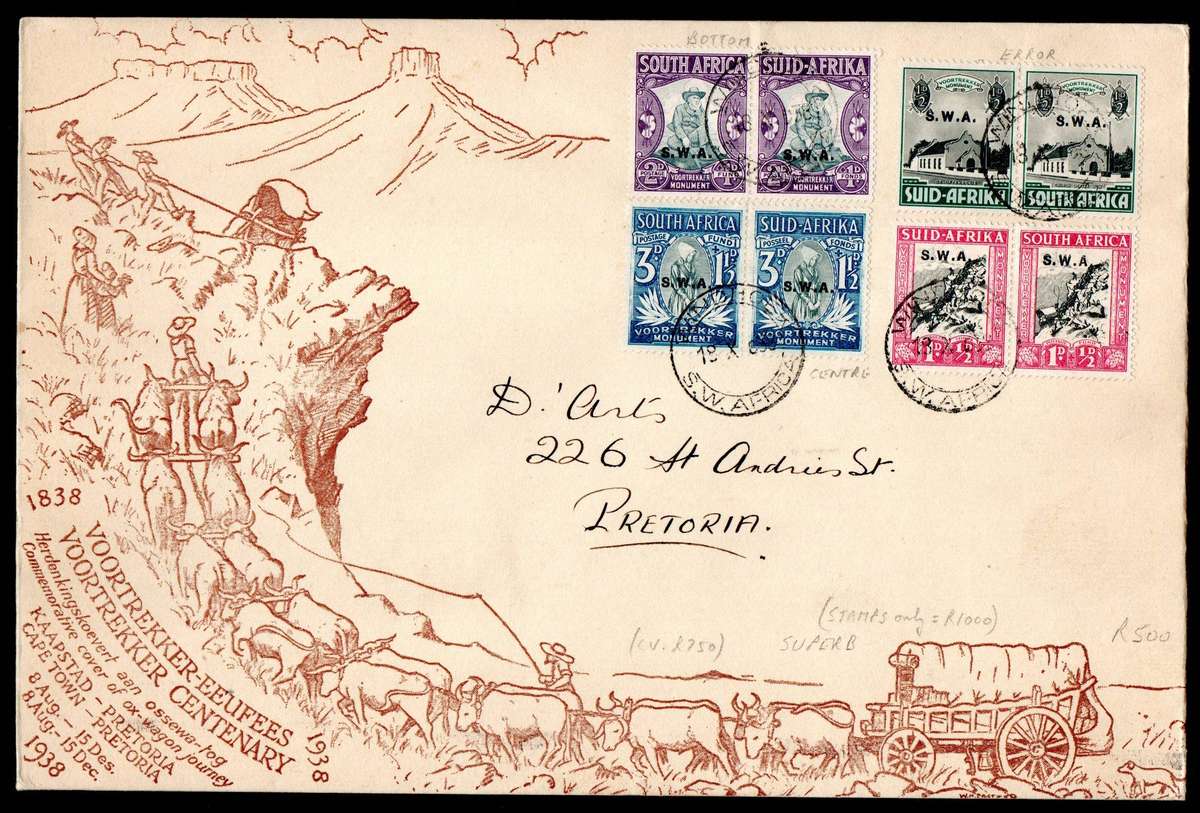SWA 1938 Voortrekker cover Windhoek SWA cancelled - shifted overprints etc - as per scans.
